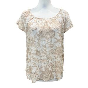 Liverpool Floral Boho Cotton Blouse Flutter Sleeve Top Tan White XS NWT